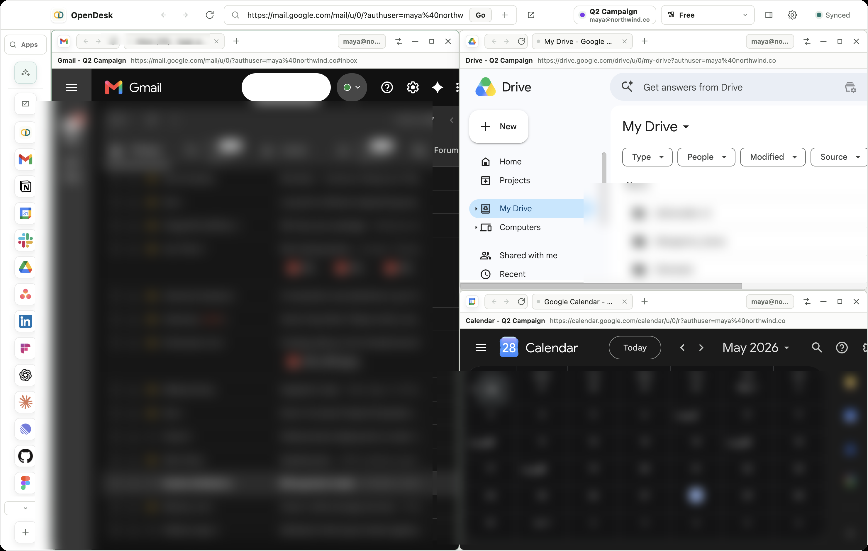 OpenDesk with Gmail, Drive, and Calendar open side by side as live panes