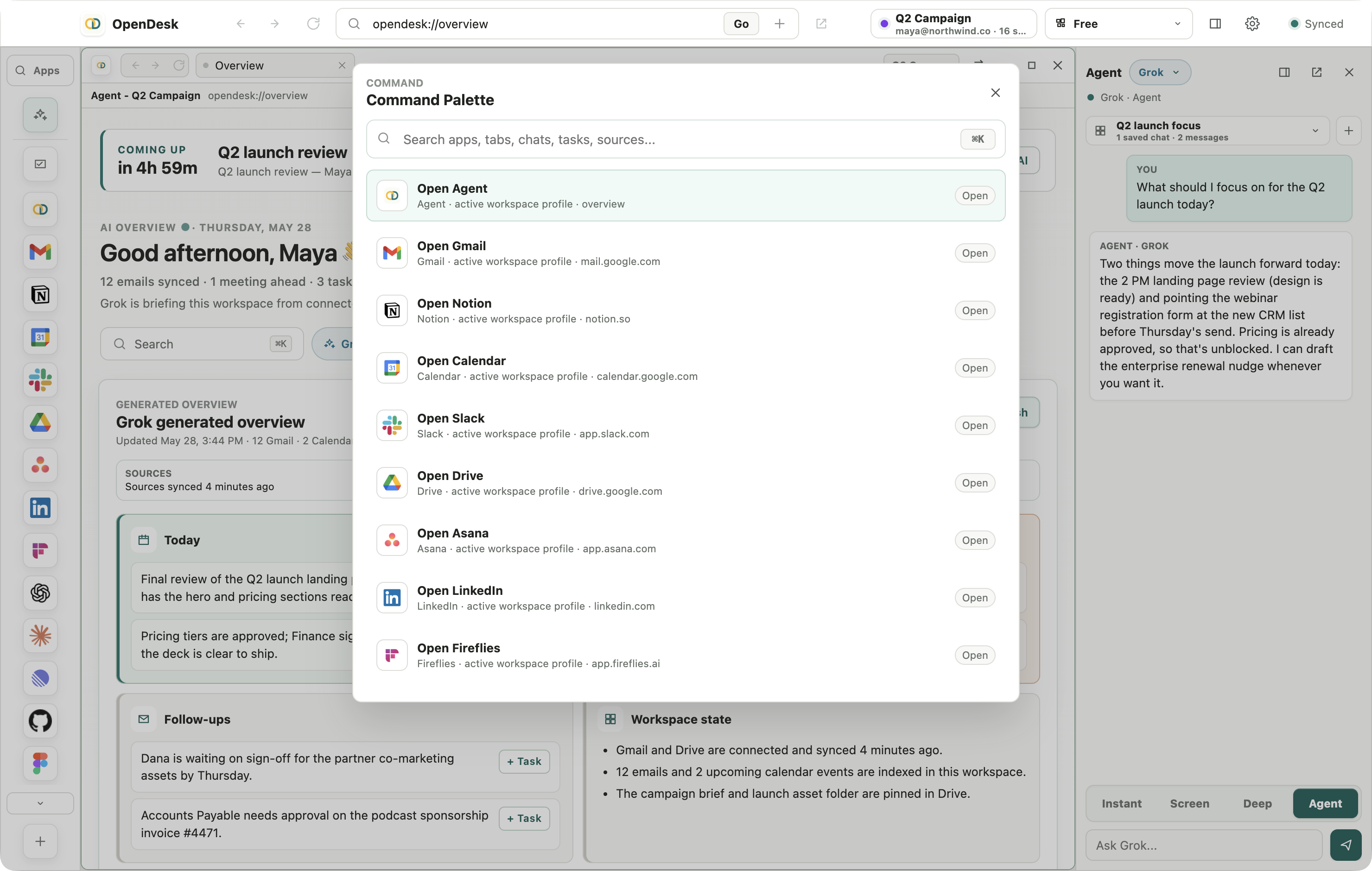 OpenDesk command palette listing every connected app
