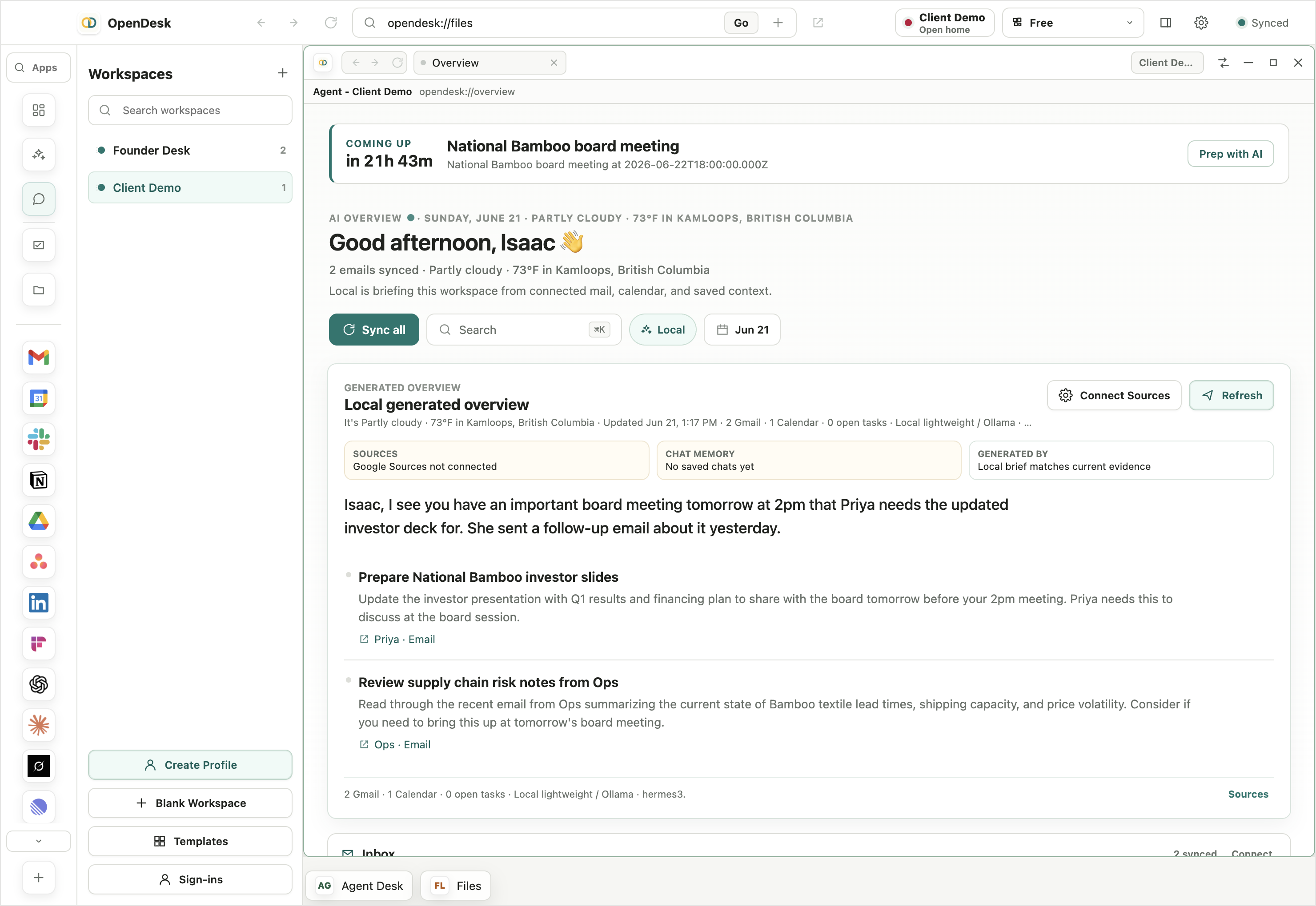 The OpenDesk daily brief — urgent items, calendar, and what to do next