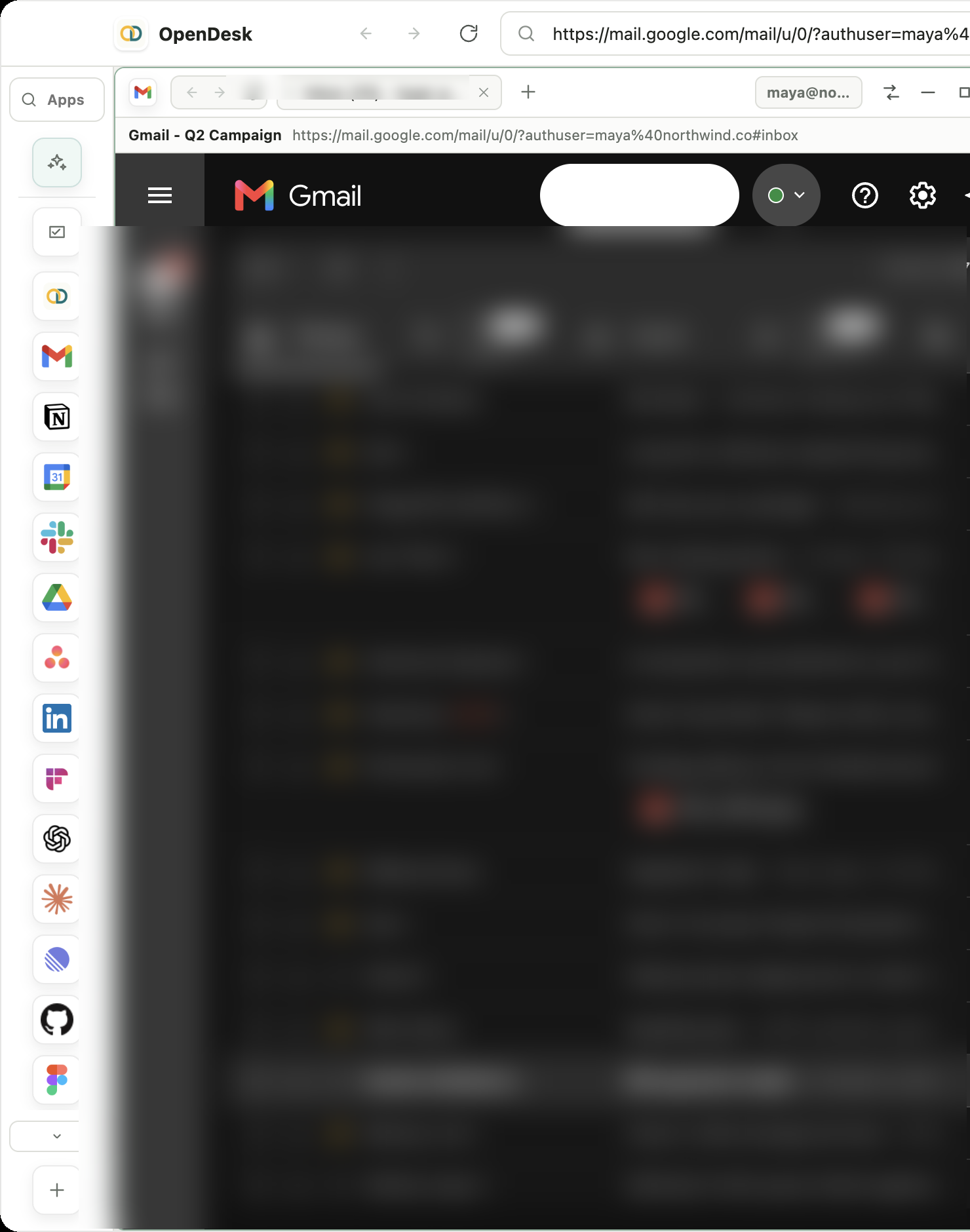 Gmail open as a live pane in OpenDesk on mobile