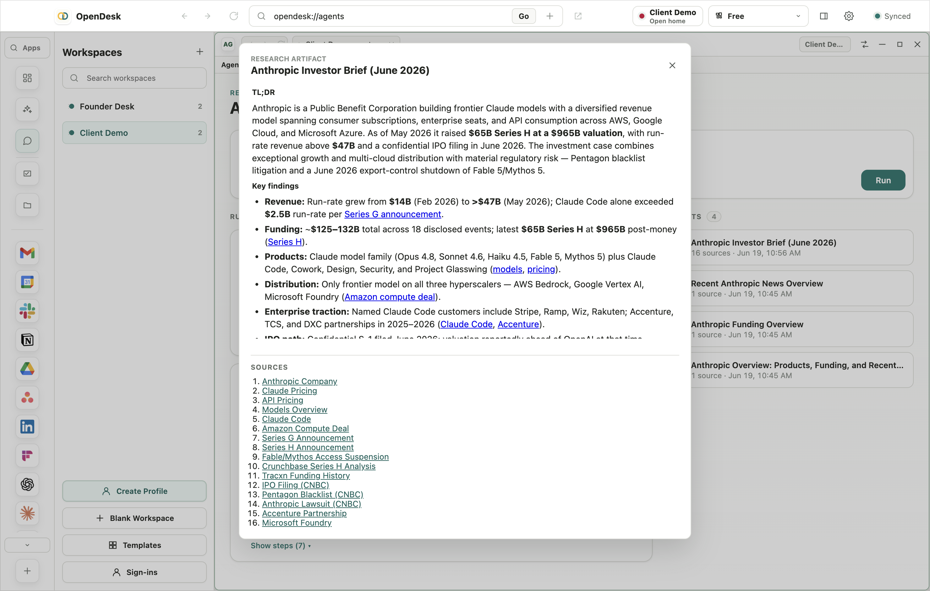 A research brief in OpenDesk with every claim linked to a source