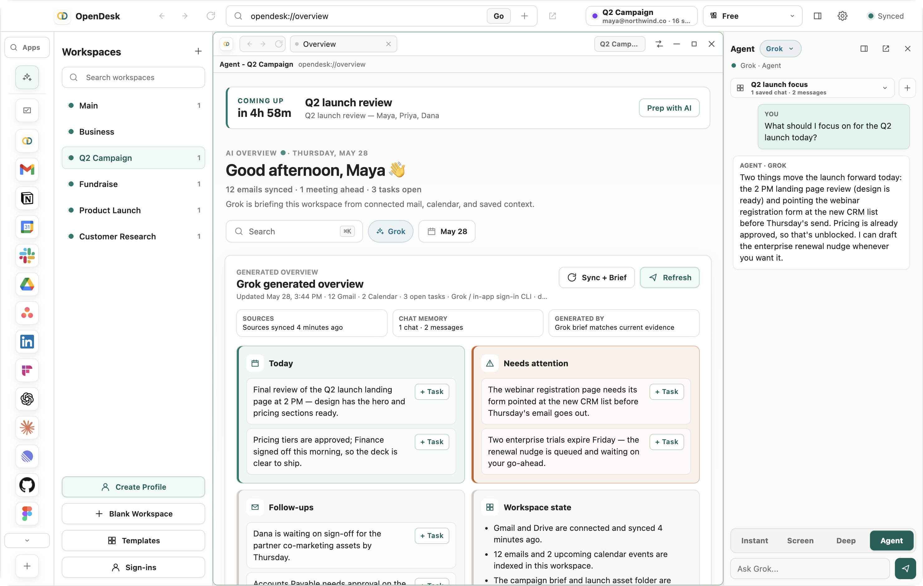 OpenDesk workspace switcher with multiple saved projects