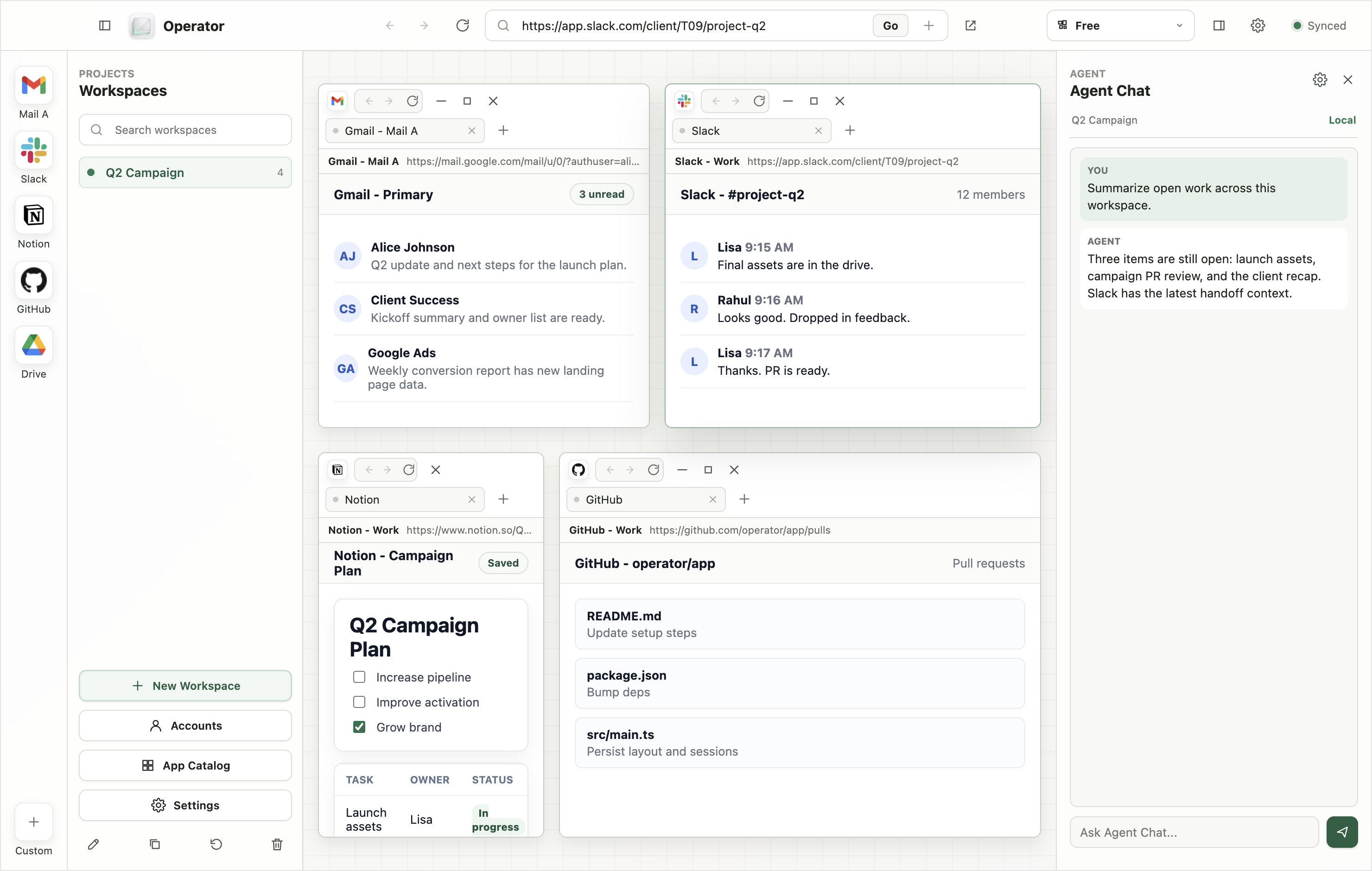 Operator app showing a saved workspace with Gmail, Slack, Notion, GitHub, and Agent Chat panes